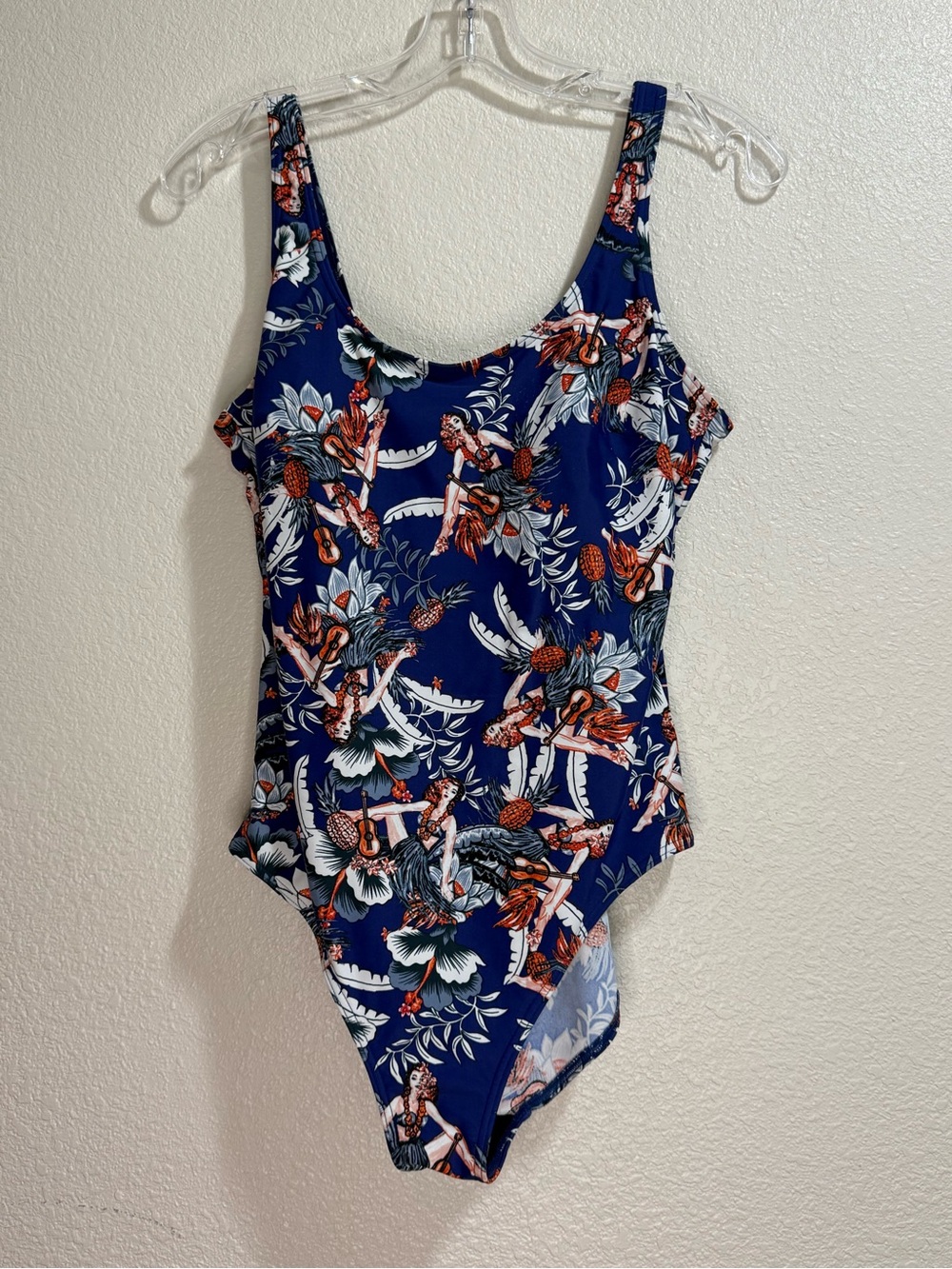 Women’s Blue Hawaiian Hula Girl One Piece Swimsuit Scoop Neck Size Medium